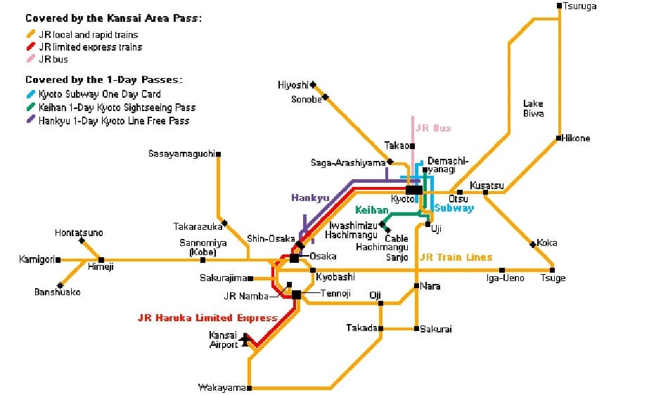 JR Kansai Area Pass Area Covered