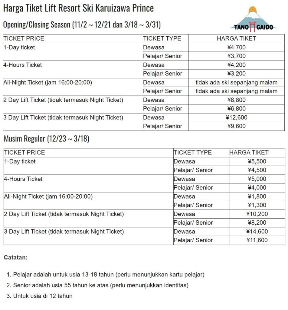 Harga Tiket Resort Ski Karuizawa Prince