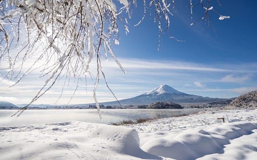 panorama gunung fuji saat musim salju