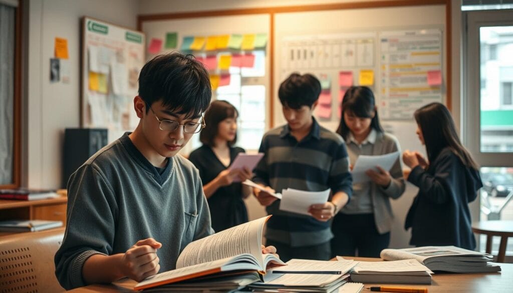 A Japanese school entrance exam preparation scene, captured with a warm, cinematic lens. In the foreground, a studious student pores over textbooks and practice materials, brow furrowed in concentration. Behind them, a group of peers collaborate, exchanging notes and worksheets in a lively discussion. The middle ground features a wall of colorful sticky notes, timelines, and diagrams, reflecting the diligent organization and strategic planning required. In the background, a window offers a glimpse of the bustling streets of a Japanese city, a reminder of the broader context and the aspirations driving this educational journey. Soft, diffused lighting creates a contemplative mood, while the composition emphasizes the dedicated focus and camaraderie of the preparatory process.