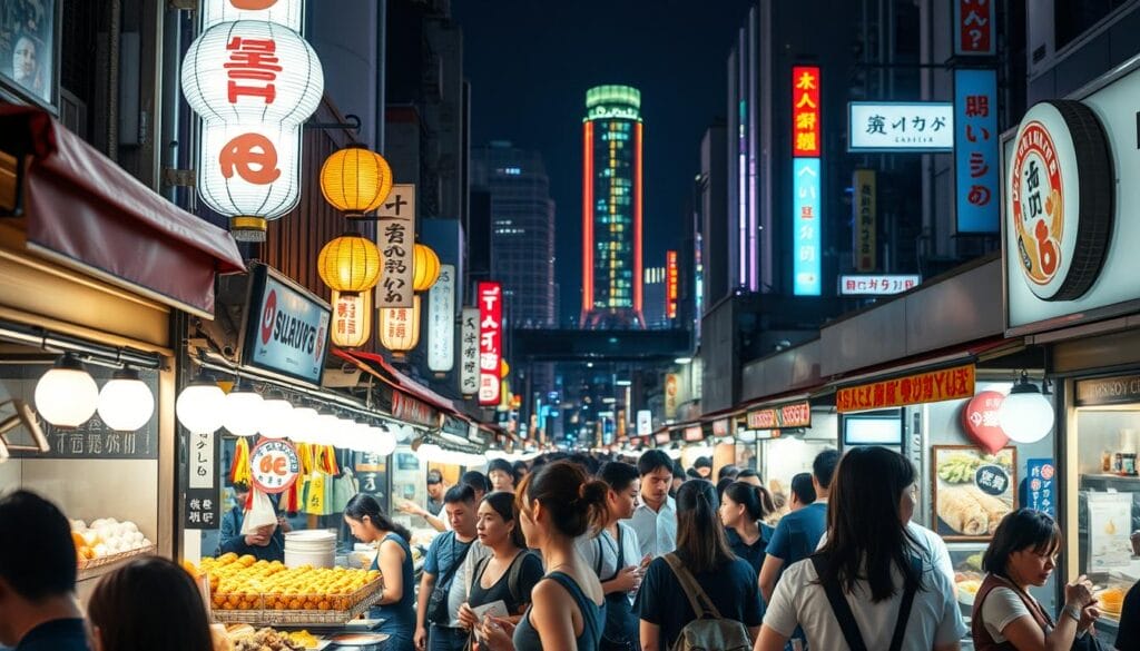 A bustling night market in the heart of Tokyo, brightly lit with lanterns and the sizzle of street food. Rows of food stalls offer an array of Japanese delicacies - fluffy steaming onigiri, crisp golden takoyaki, savory yakisoba, and more. The air is infused with the enticing aromas of soy, ginger, and charcoal. People weave through the crowd, carrying paper-wrapped treats as they explore the vibrant atmosphere. In the background, a neon-lit cityscape frames the scene, creating a quintessential Japanese night market experience. Capture this lively, authentic street food culture in a wide-angle, well-lit photograph with a shallow depth of field to highlight the vibrant details.