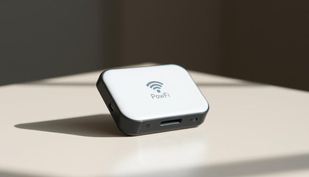 A crisp, well-lit image of a portable internet connectivity device, captured from an angle that showcases its sleek, modern design. The device is situated on a minimalist, off-white surface, casting a soft, natural shadow. The background is blurred, creating a sense of depth and focus on the subject. The overall composition is clean and elegant, highlighting the device's compact and versatile nature, a perfect representation of the "WiFi Pocket" concept.