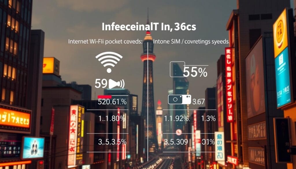 A detailed comparison of internet connectivity in Japan, showcasing the relative speeds and coverage of Wi-Fi pocket devices and SIM card options. Set against a stylized cityscape, with towering skyscrapers and neon-lit streets, the image should convey a sense of modern technological advancement. Utilize a cinematic, high-contrast lighting setup, with warm tones for the foreground elements and cooler hues in the background. Incorporate clean, minimalist infographic-style visualizations to illustrate the performance metrics of each connectivity option, seamlessly integrated into the urban landscape. The overall mood should be one of technical sophistication and consumer choice, reflecting the analytical nature of the article section.