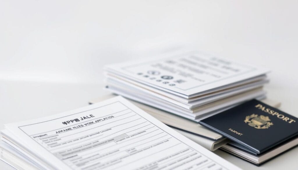 A detailed document stack against a clean, minimalist background. In the foreground, a Japanese visa application form with crisp edges and precise lines. Behind it, various supporting documents neatly arranged - passports, employment records, financial statements. The lighting is soft and even, creating a sense of professionalism and organization. The overall composition conveys the meticulous preparation required for a successful Japanese work visa application.