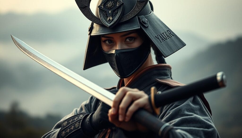 A female samurai in full traditional battle attire, standing resolute and poised for combat. Her face is partially obscured by a ceremonial mask, but her intense gaze shines through. She grips a razor-sharp katana in her hands, the blade gleaming in the soft, filtered light. The background is a serene, mist-shrouded landscape, hinting at the tranquility and discipline that underlie the warrior's life. Cinematic angles and a moody, atmospheric palette convey the dignity, courage, and quiet strength of this female warrior, defying the traditional male-dominated samurai culture.
