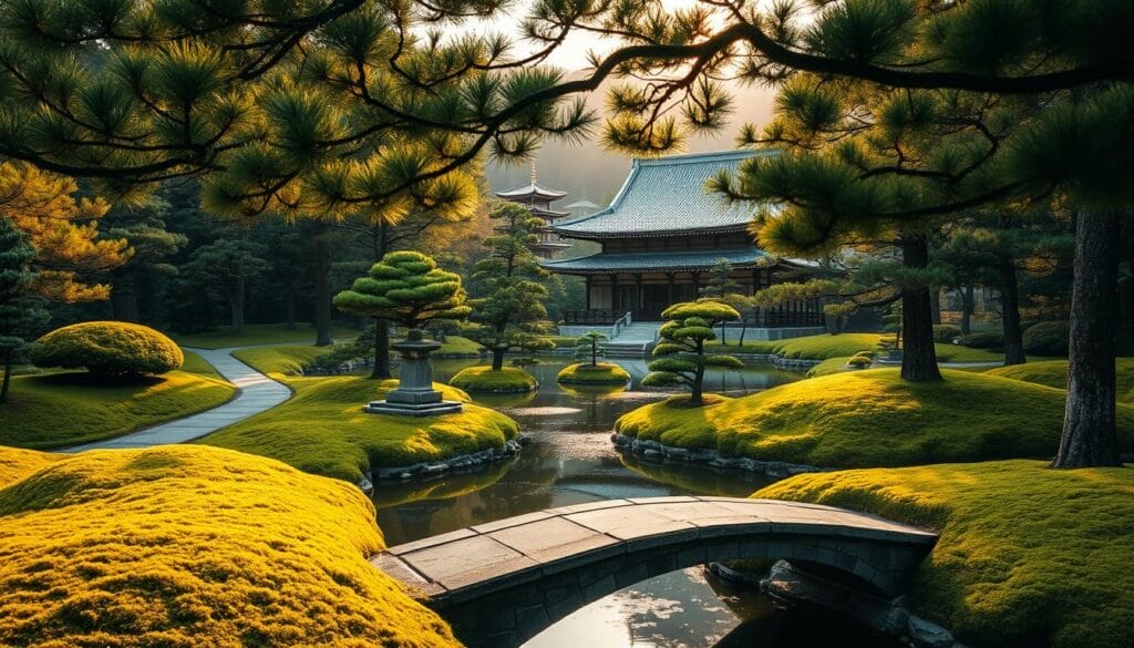 A lush, serene garden surrounding the iconic Ginkaku-ji Temple in Kyoto, Japan. Carefully manicured moss-covered pathways wind through a tranquil landscape of carefully pruned pine trees, elegant pagodas, and a shimmering pond reflecting the temple's silver-tiled roof. Warm, diffused sunlight filters through the leaves, casting a soft, ethereal glow over the entire scene. In the foreground, a stone bridge arches gracefully over the pond, inviting visitors to pause and take in the peaceful ambiance. The overall composition evokes a sense of timeless beauty and harmonious balance, capturing the essence of Kyoto's captivating Zen garden traditions.