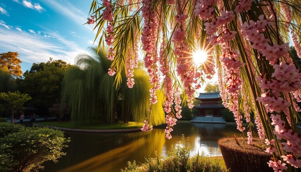 A picturesque summer scene in Japan: a tranquil Japanese garden with lush, verdant foliage, gently swaying bamboo groves, and a serene pond reflecting the azure sky above. In the foreground, delicate pink cherry blossoms cascade down, creating a romantic, dreamlike atmosphere. Warm, golden sunlight filters through the trees, casting a warm, inviting glow on the scene. In the background, a traditional Japanese wooden pagoda or temple stands as a testament to the region's rich cultural heritage. The composition is balanced, with the foreground, middle ground, and background elements working in harmony to create a serene, peaceful, and quintessentially Japanese summer landscape.