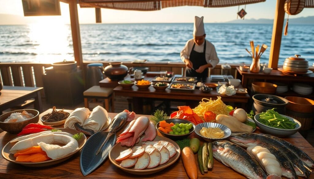 A seaside kitchen in a coastal town in Miyazaki Prefecture, Japan. The foreground features an array of fresh seafood and local produce, artfully arranged on a rustic wooden table. In the middle ground, a master chef skillfully prepares traditional Japanese dishes, their movements graceful and precise. The background showcases a picturesque ocean view, with the sun's golden rays dancing on the gently lapping waves. The lighting is soft and warm, creating a cozy, intimate atmosphere. The scene evokes a sense of tranquility, tradition, and the bounty of the sea, inviting the viewer to immerse themselves in the rich culinary heritage of this beautiful region.