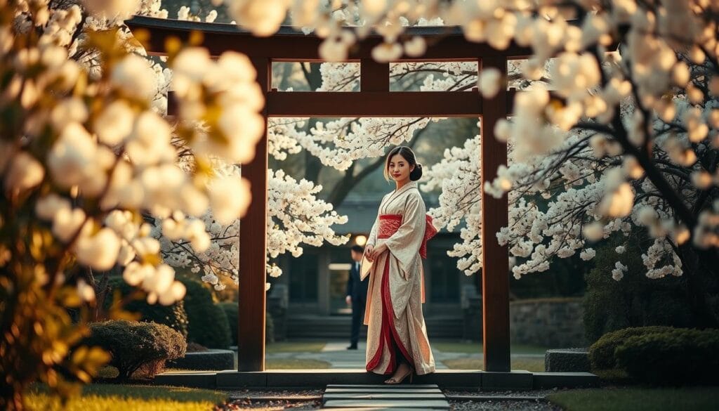 A serene Japanese garden with a traditional wooden gate in the foreground. In the middle ground, a softly lit couple dressed in elegant kimono and hakama, posing gracefully against a backdrop of blooming cherry blossoms. The lighting is warm and diffused, casting a romantic glow across the scene. The composition emphasizes the harmonious blend of the couple's traditional attire with the natural beauty of the Japanese landscape. The overall mood is one of elegant simplicity, capturing the essence of a Japanese-inspired pre-wedding photoshoot.