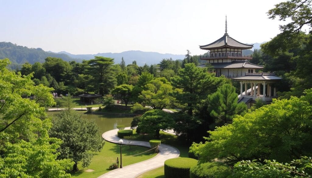 A serene landscape of the Higashiyama district in Kyoto, Japan. The iconic Ginkaku-ji Temple stands majestically, its silver pavilion gleaming under the soft, natural lighting. Lush, verdant foliage surrounds the temple, creating a sense of tranquility and harmony. In the foreground, a winding path leads visitors through the well-preserved traditional architecture and meticulously-manicured gardens. The middle ground features a serene pond, its surface reflecting the temple's graceful silhouette. In the background, rolling hills and a clear, hazy sky set the stage for this timeless, cultural scene. The overall atmosphere conveys a deep respect for the region's centuries-old heritage and the beauty of Kyoto's Higashiyama district.