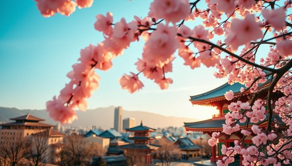 A stunning Japanese cherry blossom calendar, captured in a captivating portrait orientation. The foreground features a lush, pink-hued sakura tree in full bloom, its delicate petals floating gracefully against a softly blurred background. The mid-ground showcases a traditional Japanese temple or shrine, its intricate architecture bathed in the warm glow of the setting sun. The background reveals a picturesque cityscape, with a mix of modern and historical buildings framed by a clear, azure sky. The scene exudes a sense of tranquility and timelessness, perfectly encapsulating the essence of Japan's beloved hanami season.