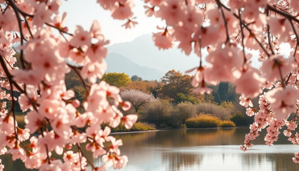 A stunning and serene scene of Bunga Sakura, the iconic cherry blossoms of Japan. The delicate, pale pink petals cascade gracefully, creating a soft, romantic atmosphere. The flowers are in full bloom, their fragrant blooms framing a picturesque landscape. In the foreground, a tranquil pond reflects the delicate blooms, creating a mirror-like surface. The middle ground features lush, verdant greenery, while the distant background is dominated by the silhouettes of majestic mountains, shrouded in a gentle mist. The lighting is soft and natural, casting a warm, golden glow over the entire scene. This serene and ethereal image perfectly captures the essence of the Hanami tradition, inviting the viewer to pause and appreciate the fleeting beauty of these beloved blossoms.