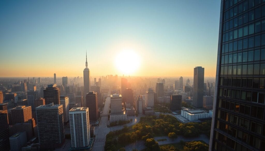 A sweeping view of Tokyo's iconic skyline, captured from the observation deck of the Tokyo Metropolitan Government Building. The sun casts a warm, golden glow over the densely packed high-rises, their glass facades reflecting the city's bustling energy. In the foreground, the distinctive silhouettes of skyscrapers reach towards the sky, while in the middle ground, the orderly grid of city streets winds between them. Framing the scene, the lush greenery of parks and gardens provides a serene contrast to the urban landscape. The image conveys a sense of awe and wonder, inviting the viewer to take in the sheer scale and beauty of one of the world's most dynamic metropolitan centers.