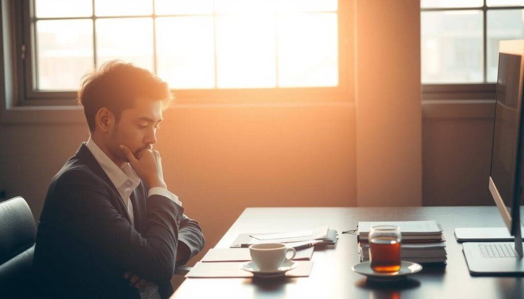 A thoughtful, introspective young professional sits at a desk, deep in mental preparation for an upcoming job interview at a prestigious Japanese company, Tanogaido. The scene is bathed in warm, natural lighting from a large window, creating a sense of focus and tranquility. The individual's expression conveys a calm, determined mindset, ready to face the challenge ahead. Subtle details, such as a cup of tea and carefully organized notes, suggest a methodical approach to this critical moment. The overall atmosphere evokes a sense of anticipation and quiet confidence, reflecting the importance of both mental and physical readiness for the interview.