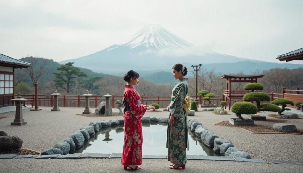A traditional Japanese photography session with a stunning natural backdrop. In the foreground, a couple dressed in formal kimono stand gracefully, their elegant movements captured by a skilled photographer using a high-quality mirrorless camera. The middle ground features meticulously arranged Japanese garden elements, such as a tranquil pond, stone lanterns, and carefully pruned bonsai trees. The background showcases the iconic Mount Fuji, its majestic silhouette casting a serene ambiance over the entire scene. Soft, diffused lighting creates a warm, atmospheric mood, accentuating the cultural richness and timeless beauty of this prewedding photoshoot in Japan.