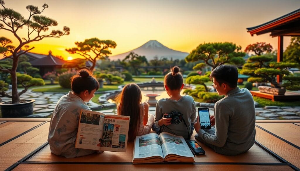 A tranquil Japanese garden at dusk, soft lighting highlighting the carefully manicured bonsai trees and stone pathways. In the foreground, a family of four sits on a traditional tatami mat, meticulously planning their budget-friendly trip to Japan - referencing a travel guidebook, a compact camera, and a smartphone displaying a currency converter. The middle ground features a serene koi pond reflecting the warm hues of the setting sun, while the background showcases the distant silhouette of Mt. Fuji against a vibrant orange sky. The scene exudes a sense of mindfulness, practicality, and appreciation for the beauty of Japan.