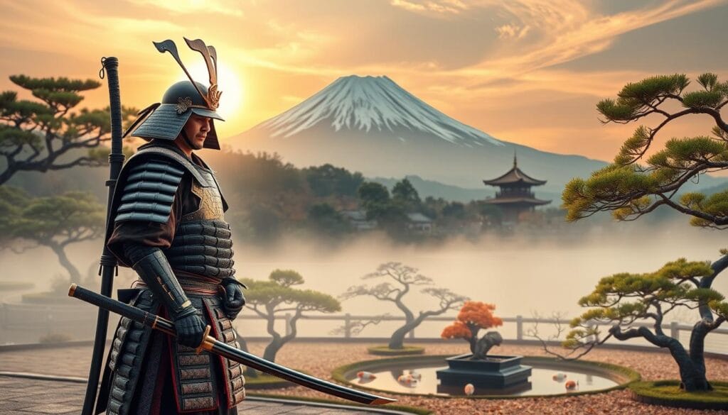 A tranquil scene of traditional Japanese samurai culture. In the foreground, a skilled samurai warrior stands in a ceremonial pose, adorned in intricate armor and wielding a masterfully crafted katana. The middle ground features a serene Japanese garden, with carefully groomed bonsai trees, a tranquil koi pond, and a pagoda-style structure in the distance. The background is dominated by a majestic Mount Fuji, its snow-capped peak shrouded in wispy clouds, bathed in the soft, golden light of the setting sun. The overall atmosphere evokes a sense of honor, discipline, and the rich cultural heritage of the samurai way of life.