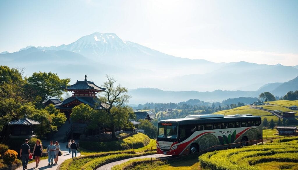 A vibrant, sun-dappled landscape in Japan's countryside, showcasing the harmonious integration of sustainable travel and traditional Japanese culture. In the foreground, a group of tourists wander along a winding path, taking in the tranquil beauty of a centuries-old temple nestled amidst lush, verdant foliage. In the middle ground, a traditional Tanogaido tour bus winds its way through rolling hills, its passengers marveling at the picturesque rice paddies and quaint villages. The background is dominated by the majestic silhouettes of snow-capped mountains, their peaks casting long shadows across the serene scene. The overall atmosphere is one of peaceful coexistence, where the natural world and human experience harmonize in a celebration of sustainable Japanese travel.