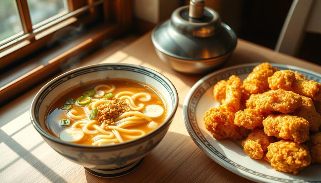 A warm and inviting Japanese dining scene featuring a steaming bowl of fragrant udon noodles and a plate of crisp, golden karaage fried chicken. The udon noodles are cooked to al dente perfection, swimming in a rich, savory broth. Slices of scallion, slivers of ginger, and a sprinkle of sesame seeds add vibrant color and flavor. The karaage chicken is meticulously fried to a delectable crunch, its juicy interior complemented by a light, seasoned batter. Soft natural lighting from a nearby window illuminates the scene, casting a cozy, homey atmosphere. The tabletop is minimalist, allowing the star dishes to shine. This mouthwatering combination of warm, hearty udon and crispy, flavorful karaage captures the essence of comforting, satisfying Japanese cuisine.