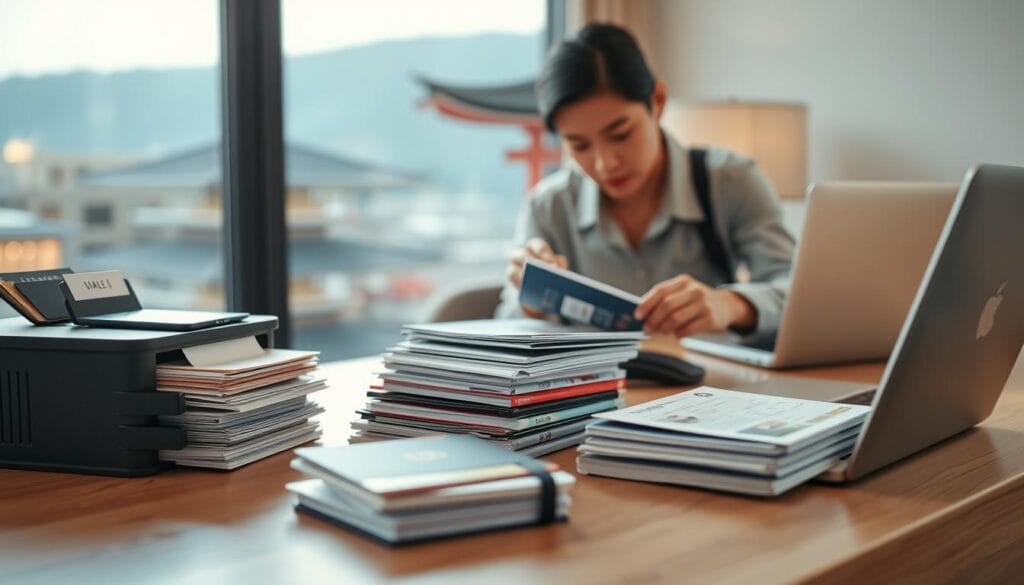 A well-organized Japanese travel document management scene. In the foreground, a traveler carefully sorts through a stack of carefully organized passports, visas, and other essential travel documents on a sleek, minimalist wooden desk. Soft, natural lighting filters through a window, casting a warm glow over the scene. In the middle ground, a neatly labeled file organizer and a compact, modern laptop suggest an efficient, streamlined workflow. The background features blurred, elegant Japanese architectural elements, hinting at the traveler's destination. The overall atmosphere conveys a sense of preparedness, attention to detail, and a respect for the importance of proper document management during a Japanese journey.