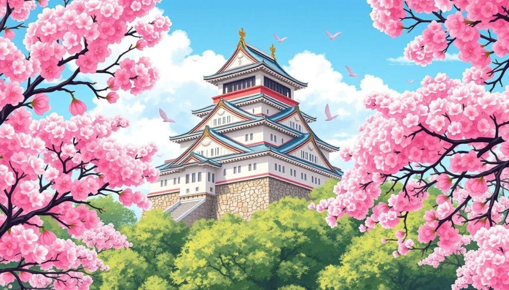 Gambar Osaka Castle dengan sakura mekar
