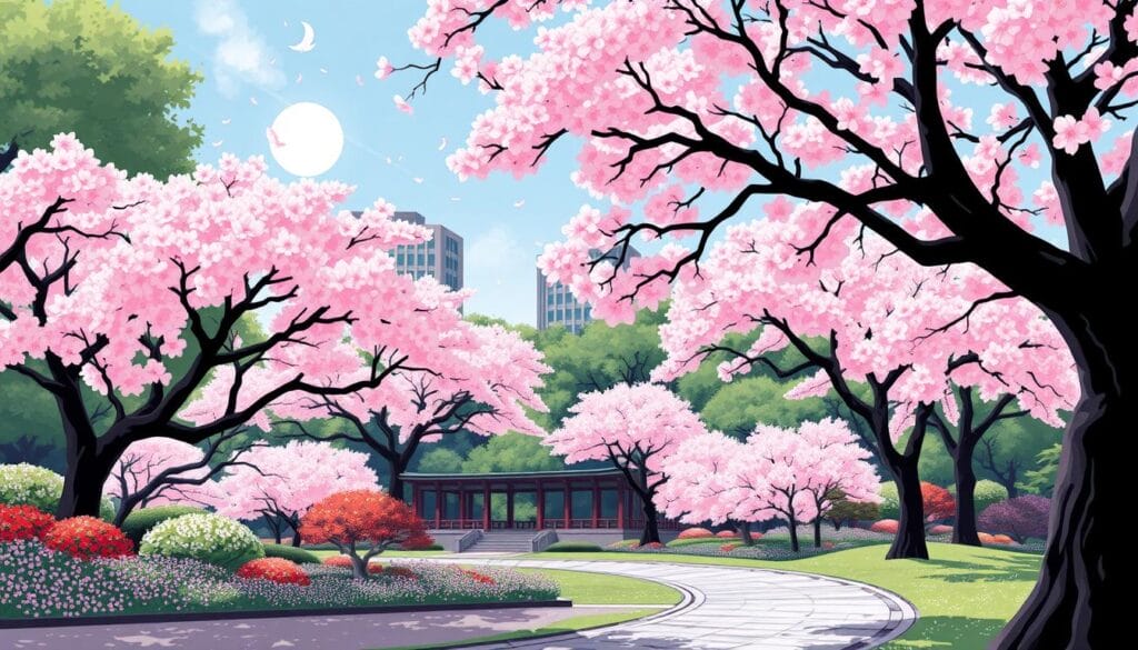 Gambar Shinjuku Gyoen National Garden dengan bunga sakura
