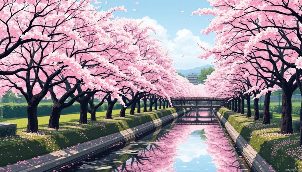 Gambar jalur pejalan kaki yang indah di Philosopher's Path, Kyoto, dengan ratusan pohon sakura di sepanjang kanal