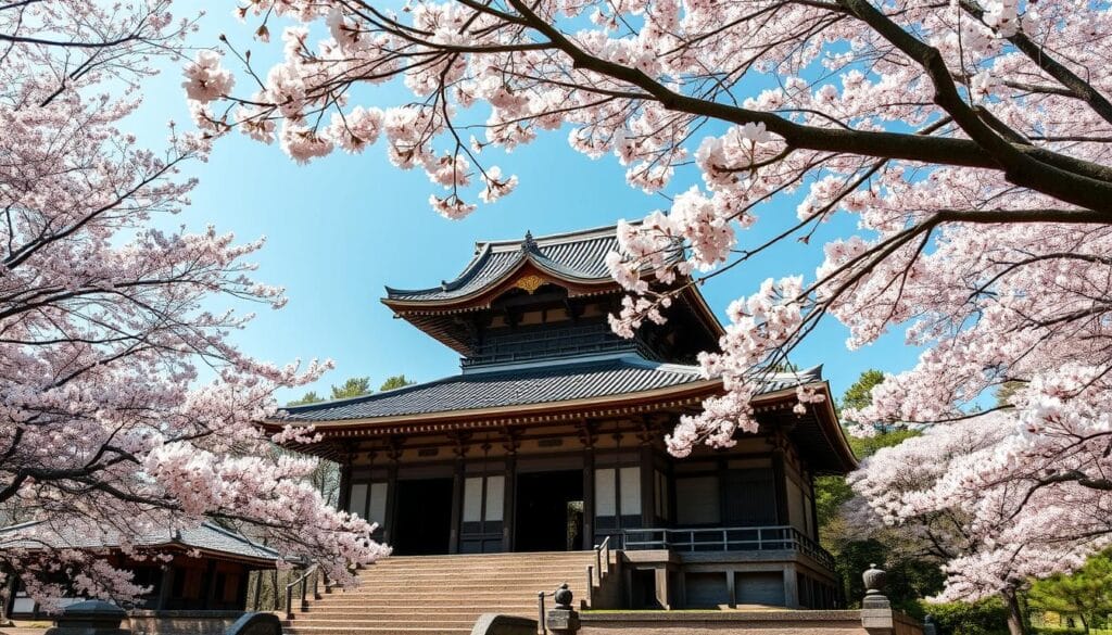 Gambar kuil kuno di Kyoto dengan pohon sakura