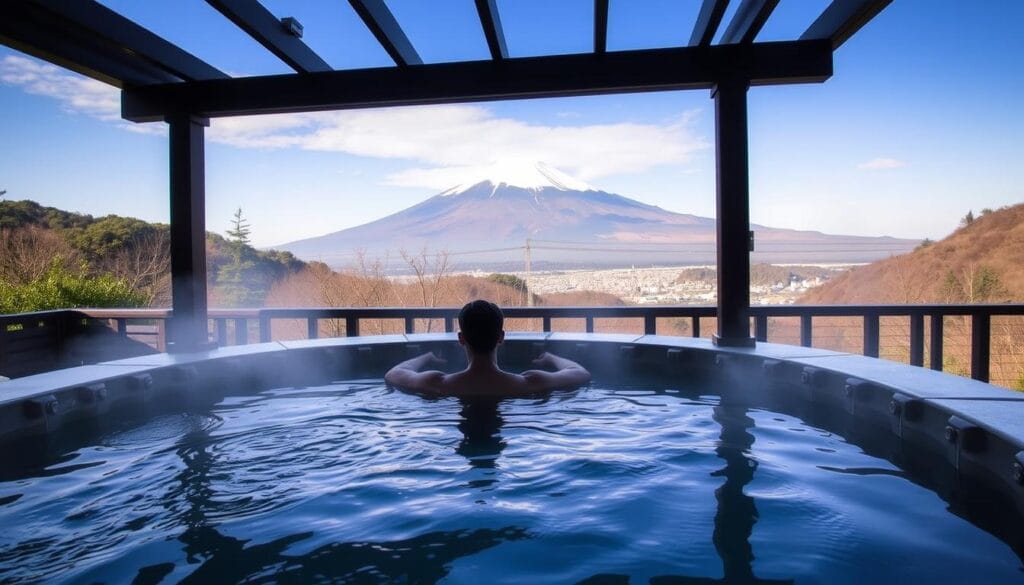 Gambar onsen di Hakone dengan pemandangan Gunung Fuji