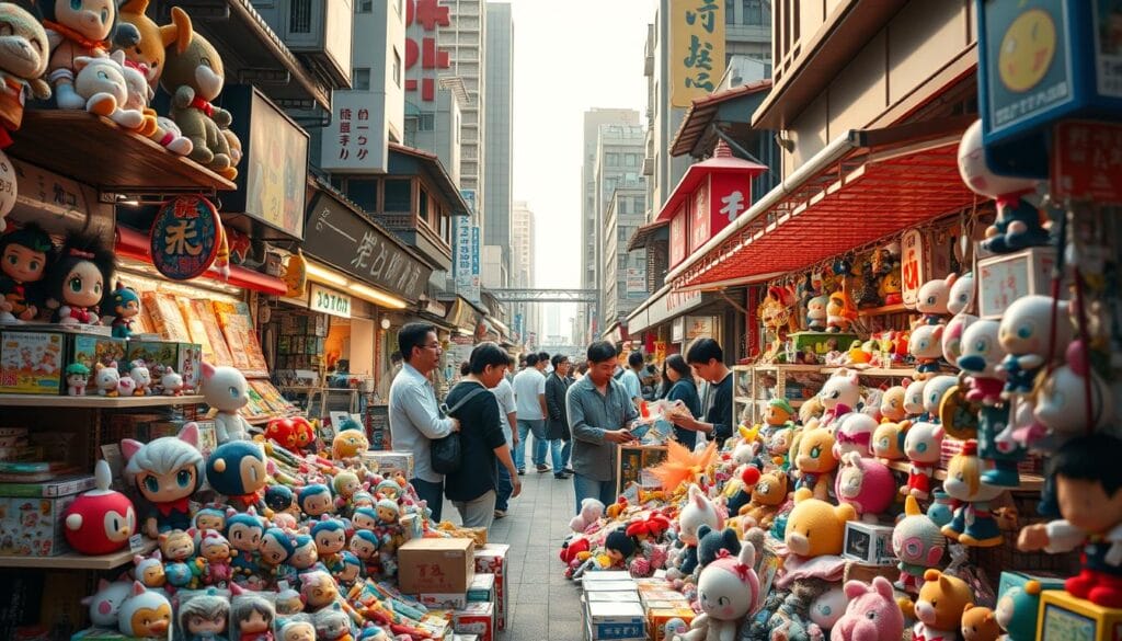 A bustling Japanese marketplace, captured in a high-resolution photograph. In the foreground, an array of intricately crafted figurines, plush toys, and electronic gadgets spill out from colorful store displays. The middle ground is filled with shoppers examining the wares, their expressions focused and intent. In the background, towering buildings in a distinct Japanese architectural style frame the scene, casting warm, diffused lighting across the entire composition. The overall atmosphere is one of vibrant energy, excitement, and a sense of discovery, inviting the viewer to imagine the process of carefully selecting and purchasing these unique Japanese goods.