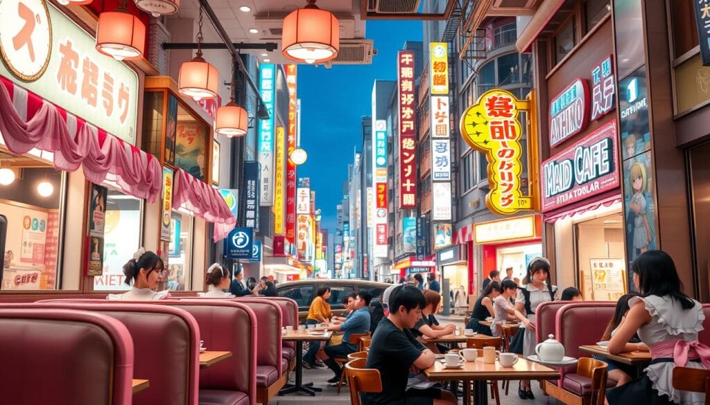 A bustling Maid Café in the heart of Akihabara, Tokyo, where anime fans can immerse themselves in a whimsical, kawaii atmosphere. Elaborately decorated with vibrant colors, anime-inspired decor, and charming maids in frilly costumes greet guests with exaggerated gestures and high-pitched voices. The foreground showcases the café's interior, with cozy booths, delicate teacups, and the maids serving delectable sweets. In the middle ground, customers sit at tables, interacting with the maids and each other, creating a lively, energetic scene. The background features the bustling streets of Akihabara, with neon signs, anime merchandise stores, and the distinct architecture that makes this otaku haven so iconic. The lighting is warm and inviting, capturing the cozy, playful mood of the Maid Café experience.