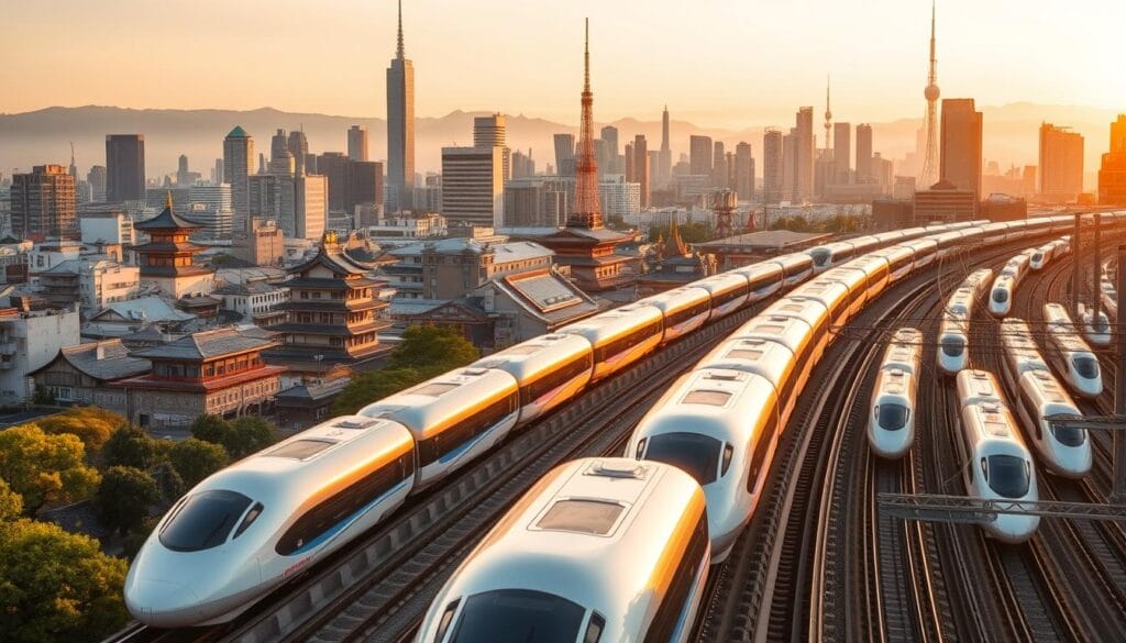 A bustling cityscape in Japan, bathed in the warm glow of the setting sun. In the foreground, a fleet of sleek, futuristic transportation pods glide silently along elevated maglev tracks, their aerodynamic designs a testament to Japan's engineering prowess. In the middle ground, a mix of traditional and modern architecture blends seamlessly, with bullet trains thundering past, their distinctive silhouettes cutting through the urban landscape. In the background, skyscrapers and towering landmarks reach towards the sky, reflecting the nation's commitment to technological innovation and progress. The scene conveys a harmonious fusion of old and new, where cutting-edge transportation solutions coexist with the timeless charm of Japanese culture.