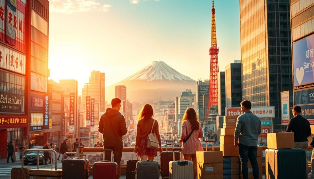 A bustling cityscape of Tokyo unfolds, its towering skyscrapers and neon-lit streets a testament to Japan's dynamic urban landscape. In the foreground, a group of people stand amidst suitcases and moving boxes, their expressions a mix of excitement and trepidation as they embark on the journey of relocating to this vibrant metropolis. The scene is bathed in a warm, golden light, casting a sense of optimism and opportunity. In the background, the iconic Mount Fuji looms, its majestic silhouette a symbol of Japan's enduring cultural heritage. The overall composition conveys the steps of the relocation process, from packing one's belongings to embracing the new life that awaits in this remarkable country.