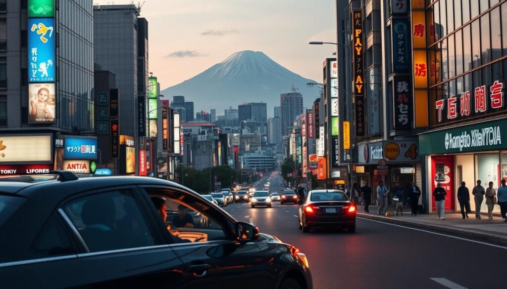 A bustling urban landscape, the streets of Tokyo come alive in a vibrant itinerary. In the foreground, a family's sedan navigates the winding roads, its occupants eagerly anticipating the day's adventures. The middle ground showcases the city's iconic skyscrapers and neon-lit storefronts, casting a warm glow across the scene. In the background, the silhouettes of Mt. Fuji loom, a majestic presence overlooking the metropolis. The image is captured with a wide-angle lens, highlighting the city's dynamic energy and the family's sense of exploration and discovery. The lighting is soft and natural, creating a welcoming atmosphere that reflects the article's theme of a seamless, family-centric tour.