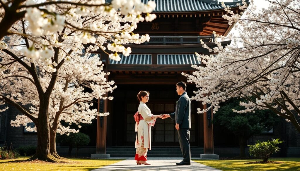 A cozy, traditional Japanese wedding scene in a serene temple garden. In the foreground, a happy couple stands hand-in-hand, dressed in elegant kimono and hakama, exchanging vows under a classic torii gate. The middle ground features lush cherry blossom trees in full bloom, their petals drifting softly in the light breeze. The background showcases the tranquil temple architecture, with its pagoda roof and intricate wooden carvings bathed in warm, natural lighting. The overall atmosphere exudes a sense of timeless, cultural celebration and intimate, personal connection.
