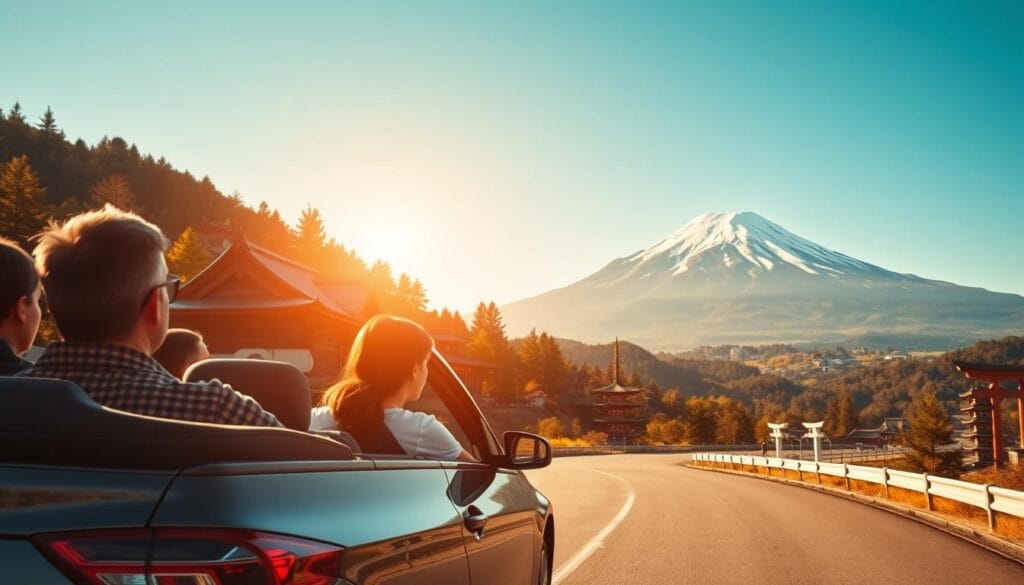 A family enjoying a road trip through the scenic landscapes of Japan. In the foreground, a modern, spacious family car navigates winding mountain roads, its occupants marveling at the lush, verdant forests and majestic snow-capped peaks in the distance. The middle ground features traditional Japanese architecture, including quaint villages and historic shrines, while the background is dominated by the magnificent Mount Fuji, its iconic silhouette rising majestically against a clear, azure sky. Warm, golden sunlight bathes the scene, creating a serene and tranquil atmosphere that invites the viewer to join this family on their idyllic Japanese adventure.