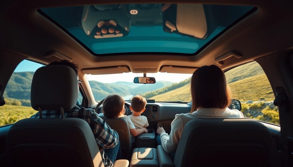 A family of four sitting in a comfortable, roomy minivan, cruising down a scenic Japanese countryside road. The van's interior is spacious and well-appointed, with plush seats and plenty of leg room. Outside, lush green hills and a clear blue sky create a serene, tranquil atmosphere. Warm, soft lighting filters through the van's tinted windows, casting a cozy glow over the passengers. The father drives skillfully, while the mother and two children gaze out the windows, taking in the beautiful landscapes. The overall mood is one of relaxation, quality time, and a worry-free family vacation.