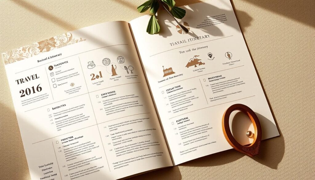 A high-quality travel itinerary meticulously crafted, with elegant icons and minimalist design elements. The layout features clean, balanced composition, highlighting key information like destinations, activities, and timelines. Warm, muted tones create a sophisticated, inviting atmosphere, complemented by soft shadows and subtle textures that add depth and dimension. The overall aesthetic conveys a sense of organized, personalized travel planning that seamlessly integrates with the luxurious yet practical nature of the Tanogaido service.