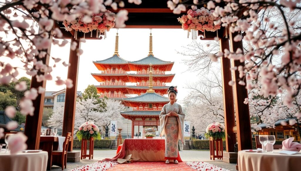 A lavish Japanese wedding package featuring a traditional Shinto ceremony in a serene garden setting. Cherry blossom petals flutter in the gentle breeze, creating a dreamy, romantic atmosphere. The bride and groom, dressed in exquisite kimonos, exchange vows beneath a magnificent wooden arch adorned with intricate floral arrangements. In the background, a historic pagoda rises majestically, its ornate architecture bathed in warm, golden light. Elegant table settings, delicate calligraphy, and impeccably presented Japanese cuisine evoke the refined elegance of a Tanogaido wedding celebration.
