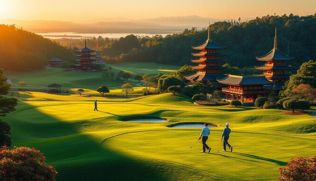 A lush, verdant golf course nestled amidst the serene hills and valleys of Japan, its fairways and greens punctuated by the graceful silhouettes of ancient temples and pagodas. The sun casts a warm, golden glow over the scene, illuminating the vibrant hues of the traditional Japanese architecture. In the distance, a tranquil lake reflects the surrounding natural beauty, creating a serene and harmonious atmosphere. The golfers, dressed in crisp, tailored attire, move with a sense of reverence and focus, as if playing not just a game, but honoring the harmony of the land.