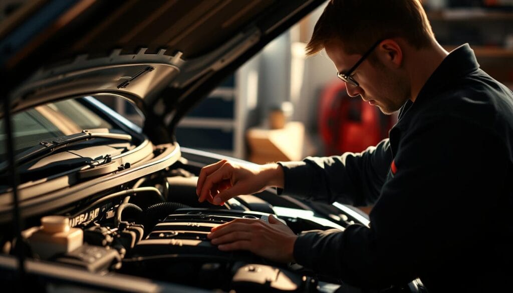 A mechanic closely inspecting the engine of a mid-sized sedan, bathed in warm, natural lighting. The focus is on the mechanic's hands expertly checking various components, conveying a sense of attentive care and professionalism. The background is blurred, hinting at a well-equipped garage setting. The overall mood is one of diligence and attention to detail, reflecting the importance of a thorough vehicle inspection before a road trip.