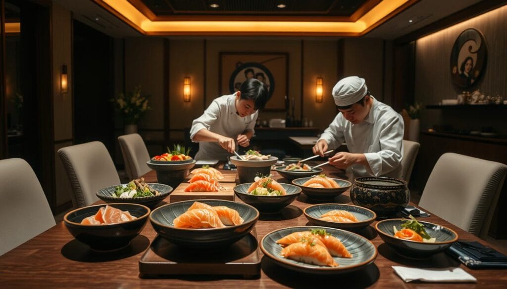 A meticulously prepared Japanese premium culinary experience, featuring a carefully curated selection of exquisite sashimi, sushi, and seasonal delicacies. The scene is set in an elegant, minimalist dining room with clean lines, warm lighting, and traditional Japanese accents. A skilled chef skillfully prepares each dish with precision and artistry, presenting them on stunning ceramic tableware. The atmosphere is serene and refined, with attentive service and a sense of tranquility. The image evokes a luxurious, immersive gastronomic journey, capturing the essence of Japan's premium culinary offerings.