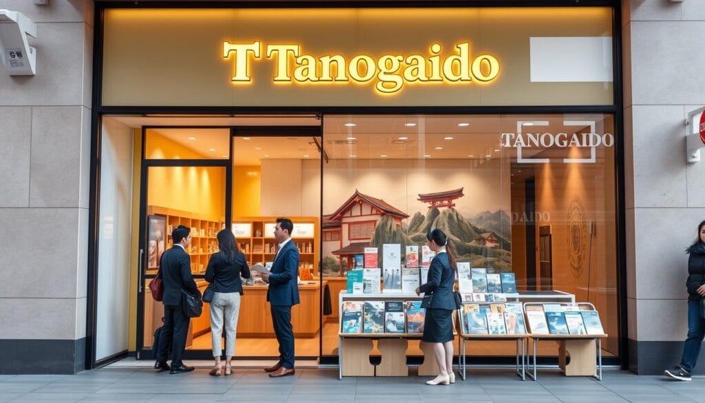 A modern and sleek travel agency storefront, with a large glass facade showcasing a vibrant and inviting interior. The Tanogaido logo is prominently displayed, with a warm, minimalist design that evokes a sense of professionalism and expertise. The storefront is bathed in natural light, creating a welcoming atmosphere. In the foreground, a group of well-dressed customers are conversing with friendly staff, conveying a sense of personalized service. The middle ground features neatly arranged travel brochures and promotional materials, highlighting the diverse range of Japanese destinations offered. The background showcases a mural or artwork that captures the essence of Japan, hinting at the cultural immersion and authentic experiences Tanogaido provides. The overall scene radiates a sense of efficiency, attention to detail, and a commitment to creating unforgettable travel experiences.