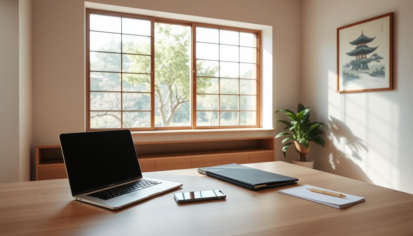 A modern office desk with a laptop, smartphone, and document folder, all arranged neatly. The desk is situated in a cozy, minimalist Japanese-inspired workspace, with a large window overlooking a serene garden. Soft, diffused lighting creates a warm, inviting atmosphere. In the background, a traditional Japanese landscape painting hangs on the wall, complementing the room's clean, minimalist aesthetic. The scene conveys a sense of efficiency, organization, and a seamless integration of technology and traditional Japanese design elements, reflecting the effortless relocation process.