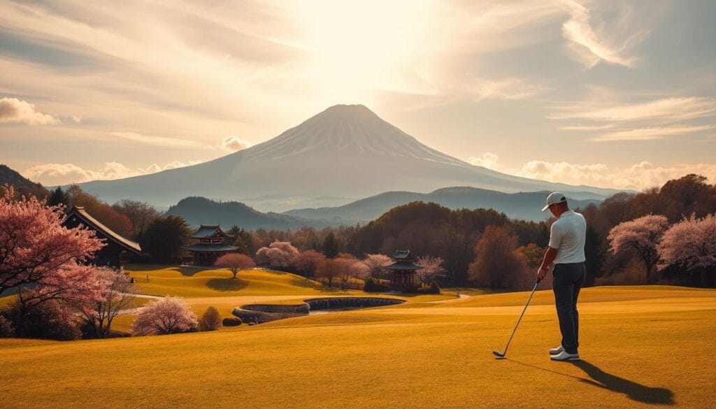 A scenic golf course nestled in the lush, rolling hills of Japan. In the foreground, a golfer lines up their shot, club poised, against a backdrop of neatly manicured fairways and vibrant, flowering sakura trees. The midground features traditional Japanese pagodas and water features, creating a serene, harmonious landscape. The background showcases the iconic Mount Fuji, its snow-capped peak towering majestically over the entire scene. Warm, golden sunlight filters through wispy clouds, casting a soft, tranquil glow over the entire composition. The atmosphere exudes a sense of timeless elegance and deep cultural immersion, inviting the viewer to experience the joy of golf in the heart of Japan.