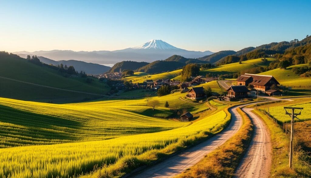 A serene Japanese countryside landscape, bathed in warm, golden afternoon light. In the foreground, a winding dirt road flanked by lush, verdant rice paddies, their undulating waves of green interrupted by the occasional thatched-roof farmhouse. In the middle ground, a small, picturesque village nestled amidst rolling hills, its traditional architecture and tranquil pace a stark contrast to the bustling cities. In the distance, the silhouettes of ancient, snow-capped mountains rise majestically, their peaks piercing the clear, azure sky. A sense of timeless tranquility and harmony pervades the scene, inviting the viewer to slow down and immerse themselves in the serene beauty of rural Japan.