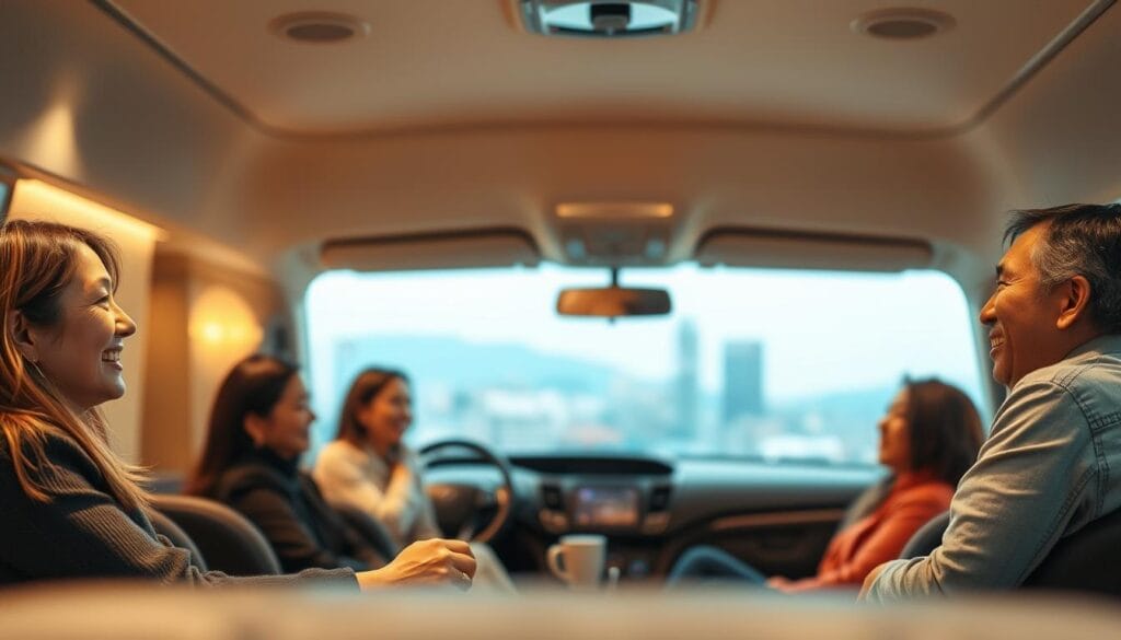 A serene and inviting indoor setting showcases a group of satisfied customers, each sharing their heartfelt testimonials about their exceptional experiences with the Japanese family car rental service. The warm lighting casts a cozy glow, accentuating the genuine expressions of contentment on their faces as they engage in lively discussions. In the background, a subtle, blurred cityscape suggests the broader context of their travels, while the minimalist decor and clean lines reflect the brand's commitment to simplicity and efficiency. The overall atmosphere evokes a sense of trust, reliability, and the joy of hassle-free exploration, perfectly capturing the essence of the "One Car, One Family in Japan" tour experience.