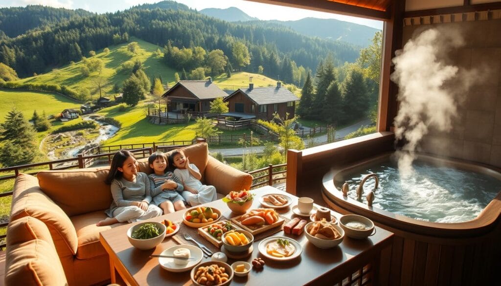 A serene, picturesque family vacation package in the countryside of Tanogaido, Japan. A cozy farmhouse nestled amidst lush, rolling hills, surrounded by verdant forests and a tranquil stream. Sunlight filters through the windows, casting a warm, inviting glow. In the foreground, a family of four - parents and two children - relaxing together on a plush sofa, smiles on their faces as they admire the scenic views. The middle ground features a traditional Japanese-style dining table, set with an array of delectable local delicacies. In the background, a traditional onsen bath, steam rising from the soothing, mineral-rich waters. An atmosphere of peaceful, familial harmony permeates the scene, reflecting the ease and comfort of a Tanogaido family vacation package.