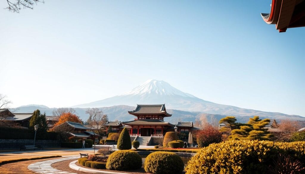 A stunning view of a serene Japanese landscape, captured with a wide-angle lens. In the foreground, a traditional Japanese garden with carefully manicured hedges, stone pathways, and a tranquil koi pond reflecting the surrounding architecture. In the middle ground, a picturesque temple or shrine, its elegant roofs and ornate details bathed in warm, golden light. In the background, a towering, snow-capped mountain peak rises majestically, framed by a clear, azure sky. The scene exudes a sense of timeless elegance and refined sophistication, perfectly embodying the essence of a high-end, executive-level Japanese tour experience.