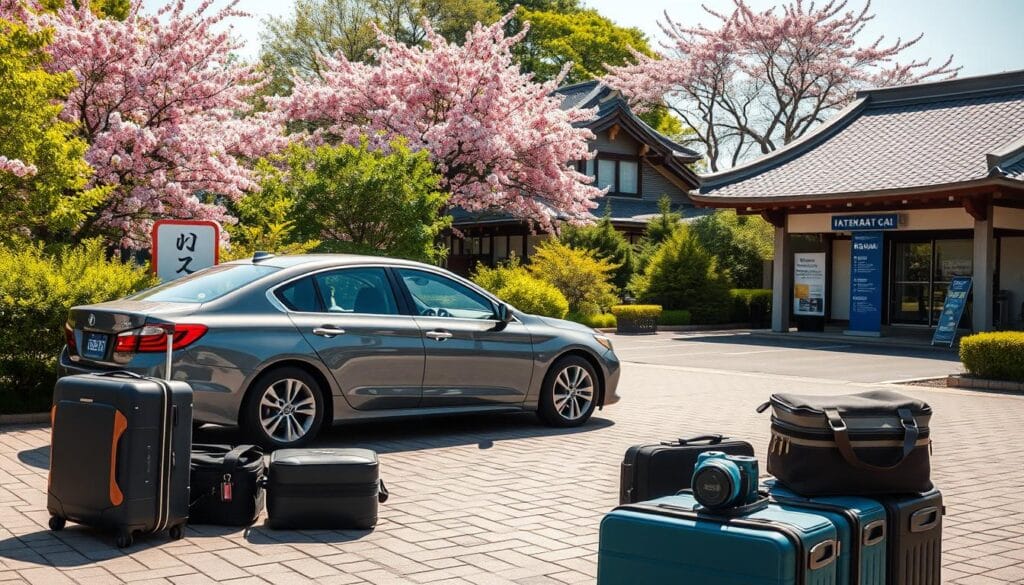 A sunny summer day in Japan, a modern sedan parked on a paved driveway surrounded by lush greenery. The car's sleek exterior gleams under the warm light, inviting the viewer to imagine a comfortable, stress-free journey. In the foreground, suitcases and travel bags are neatly stacked, hinting at an upcoming vacation or business trip. The middle ground reveals a well-maintained parking lot, with signage indicating rental options. In the background, traditional Japanese architecture and vibrant cherry blossoms create a serene, picturesque setting. The overall atmosphere exudes a sense of ease and efficiency, perfectly capturing the essence of renting a car for a holiday or corporate event in Japan.
